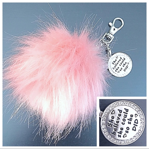 Faux Fur Pompom with simulated Diamond charm - Picture 3 of 6